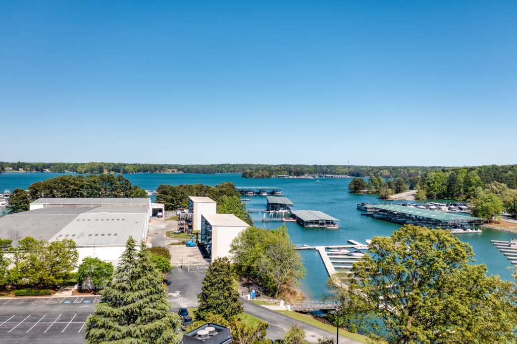 Elevated view of Lake Lanier marina coves and open water on a clear day