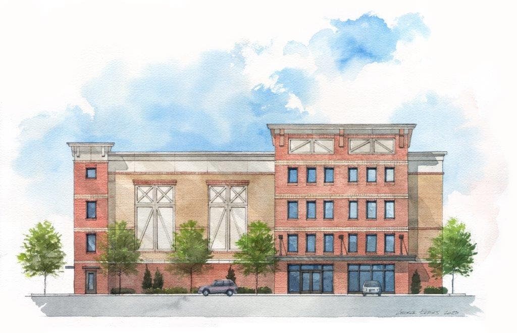 Watercolor architectural rendering of a four-story brick building with street trees