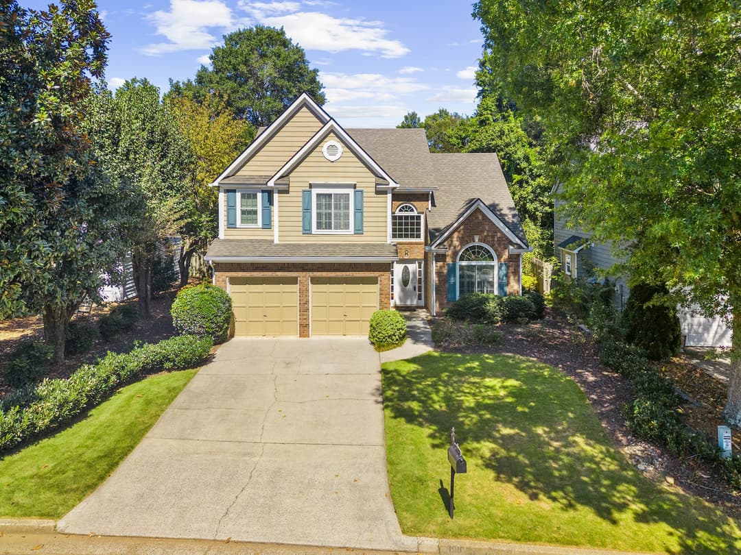 Aerial view of 1010 Bradford Drive in the Crabapple Creek neighborhood of Roswell, GA — a coming-soon three-bedroom home