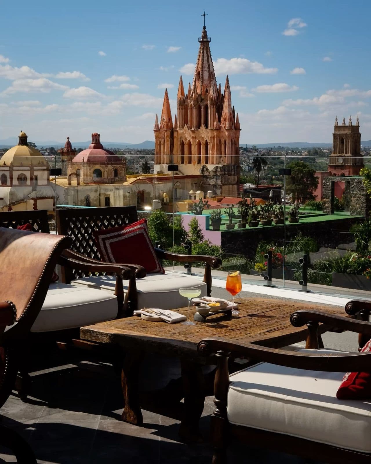 Rooftop terrace seating overlooking the Parroquia and the San Miguel de Allende skyline