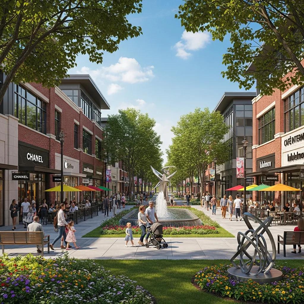 Avalon mixed-use district with shopping and walkable streets in Alpharetta, GA