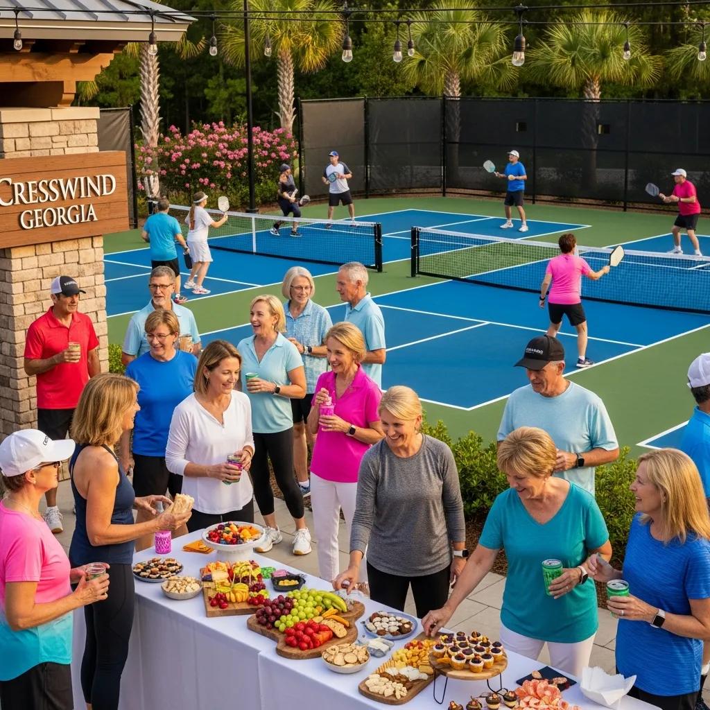 Active adults participating in a pickleball social event at Cresswind Georgia, promoting community engagement