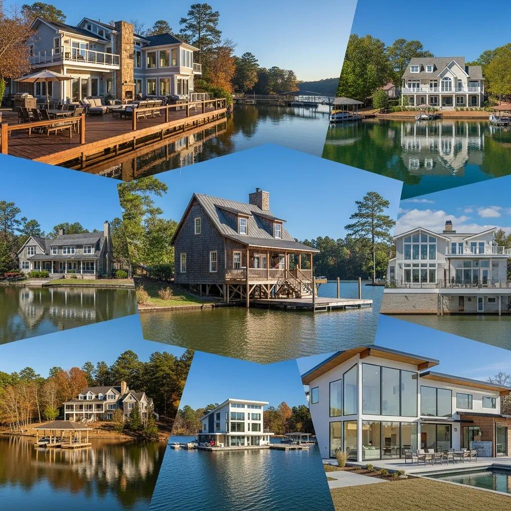 Collage of diverse lakefront homes around Lake Lanier showcasing different styles