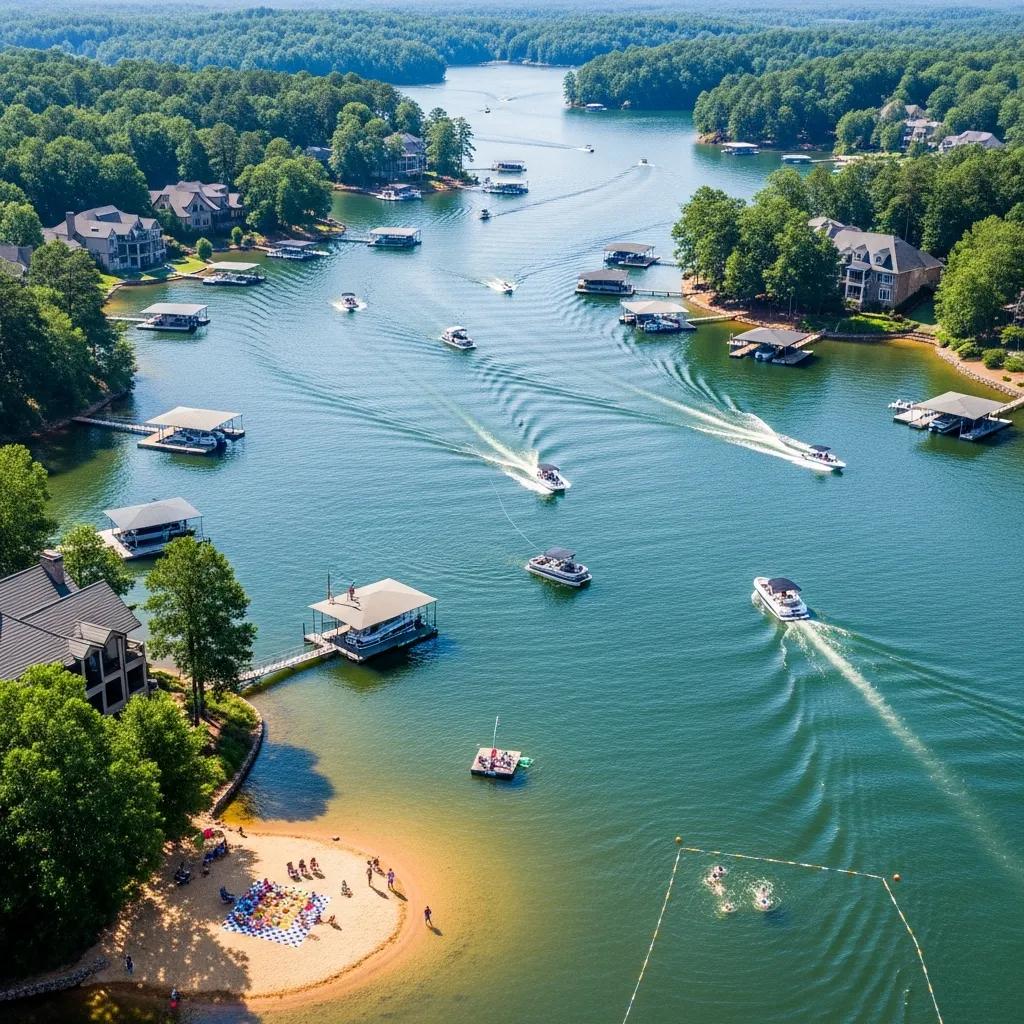 Aerial view of Lake Lanier with lakefront homes and people enjoying outdoor activities