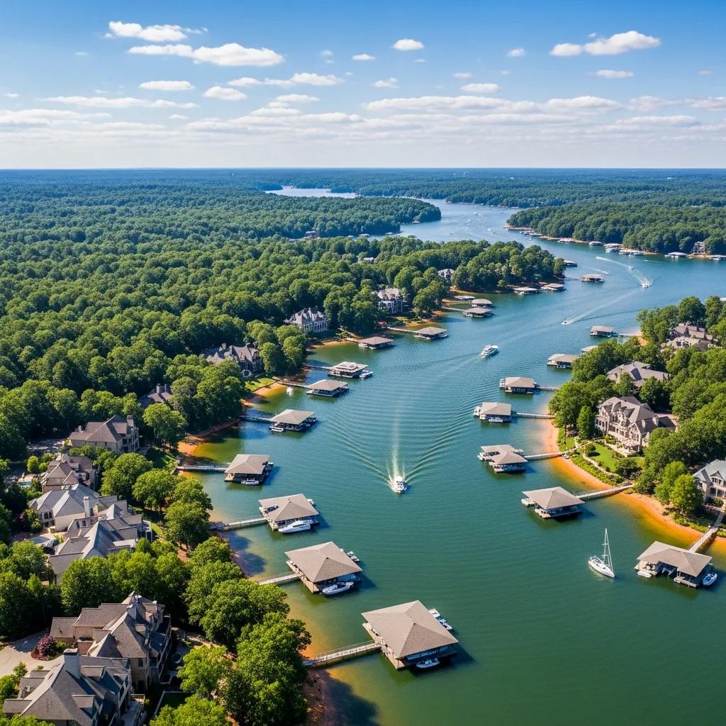 Aerial view of luxury waterfront estates at Lake Lanier, highlighting private docks and lush surroundings