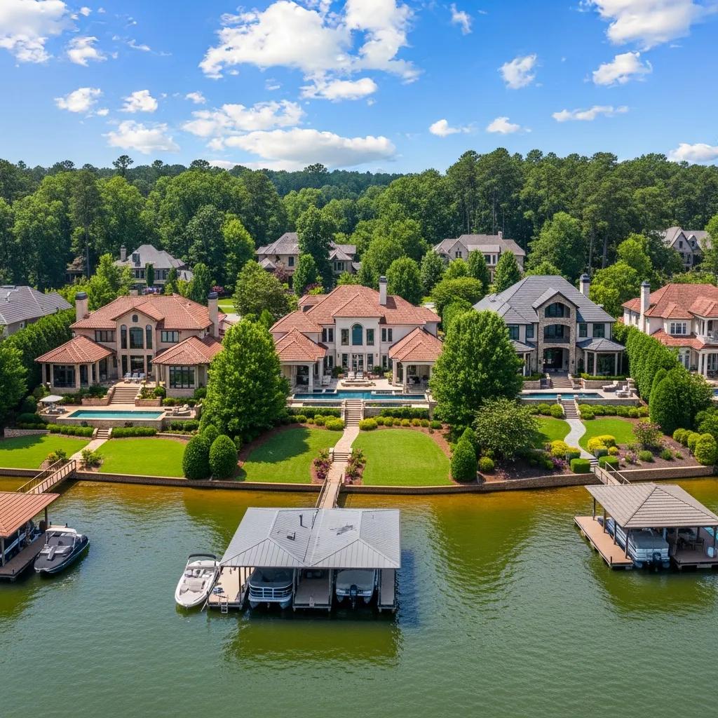 Aerial view of luxury waterfront homes at Lake Lanier, highlighting beautiful architecture and serene water