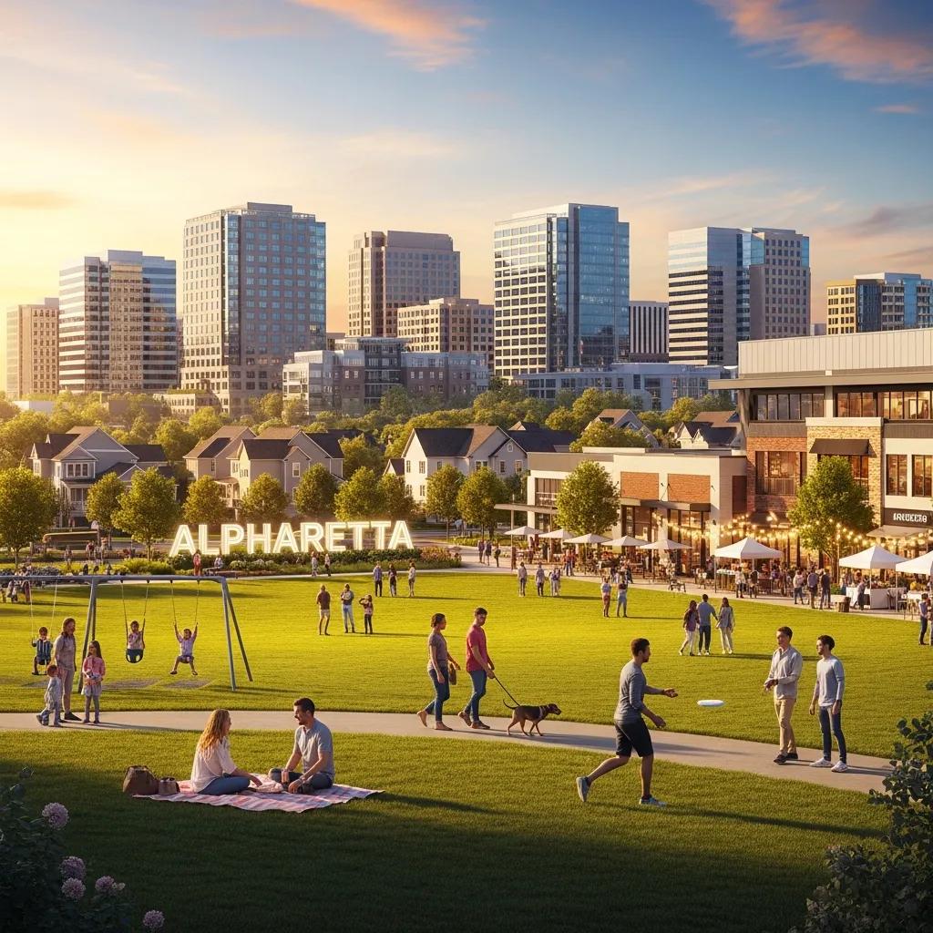 Alpharetta GA skyline with suburban homes and urban amenities