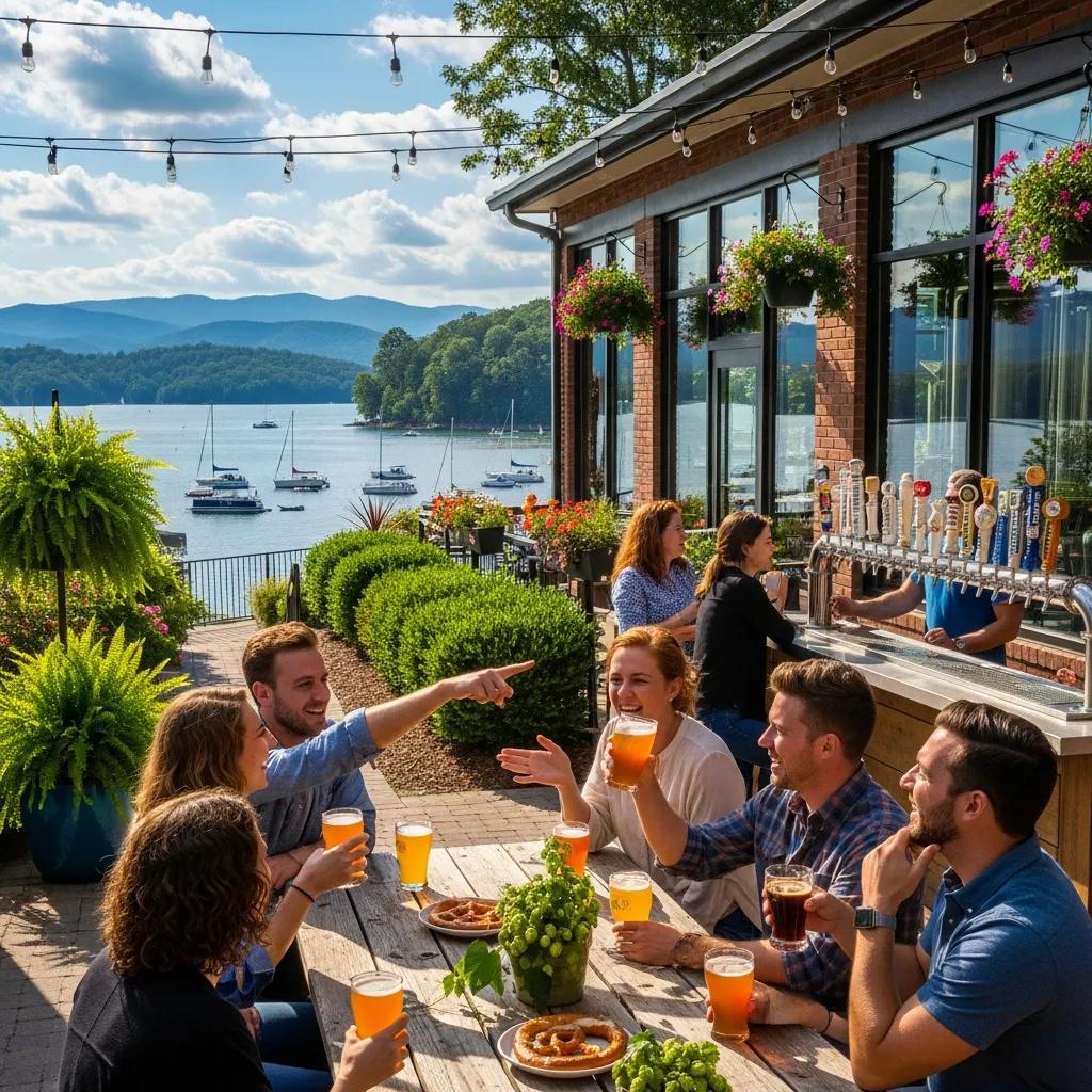 Friends enjoying craft beer at a brewery near Lake Lanier with mountains in the background