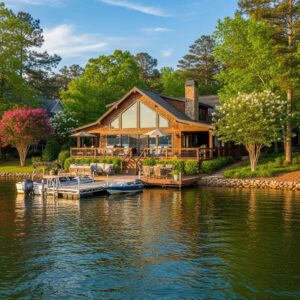 Waterfront vacation home at Lake Lanier with scenic lake view and lush surroundings
