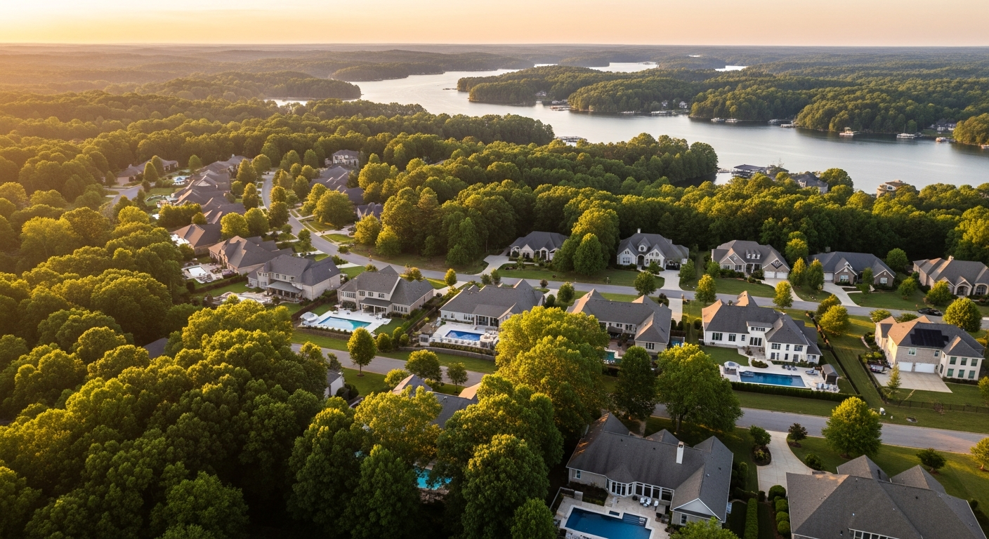 Buford GA Real Estate — aerial view of suburban neighborhood near Lake Lanier