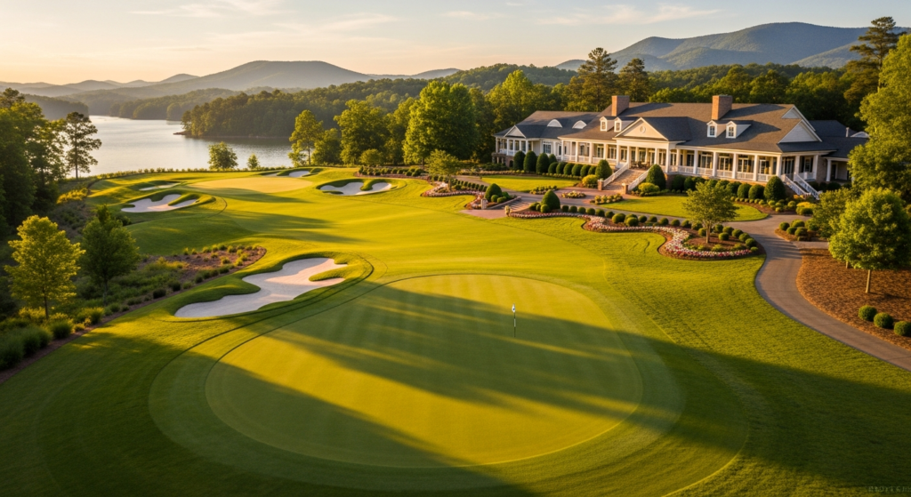 Golf Communities Near Lake Lanier — fairway with clubhouse and lake views