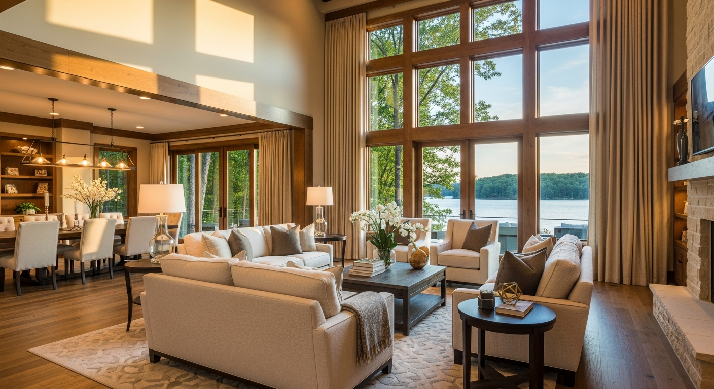 Staged luxury Lake Lanier interior with lakefront view — REALM x Vesta partnership