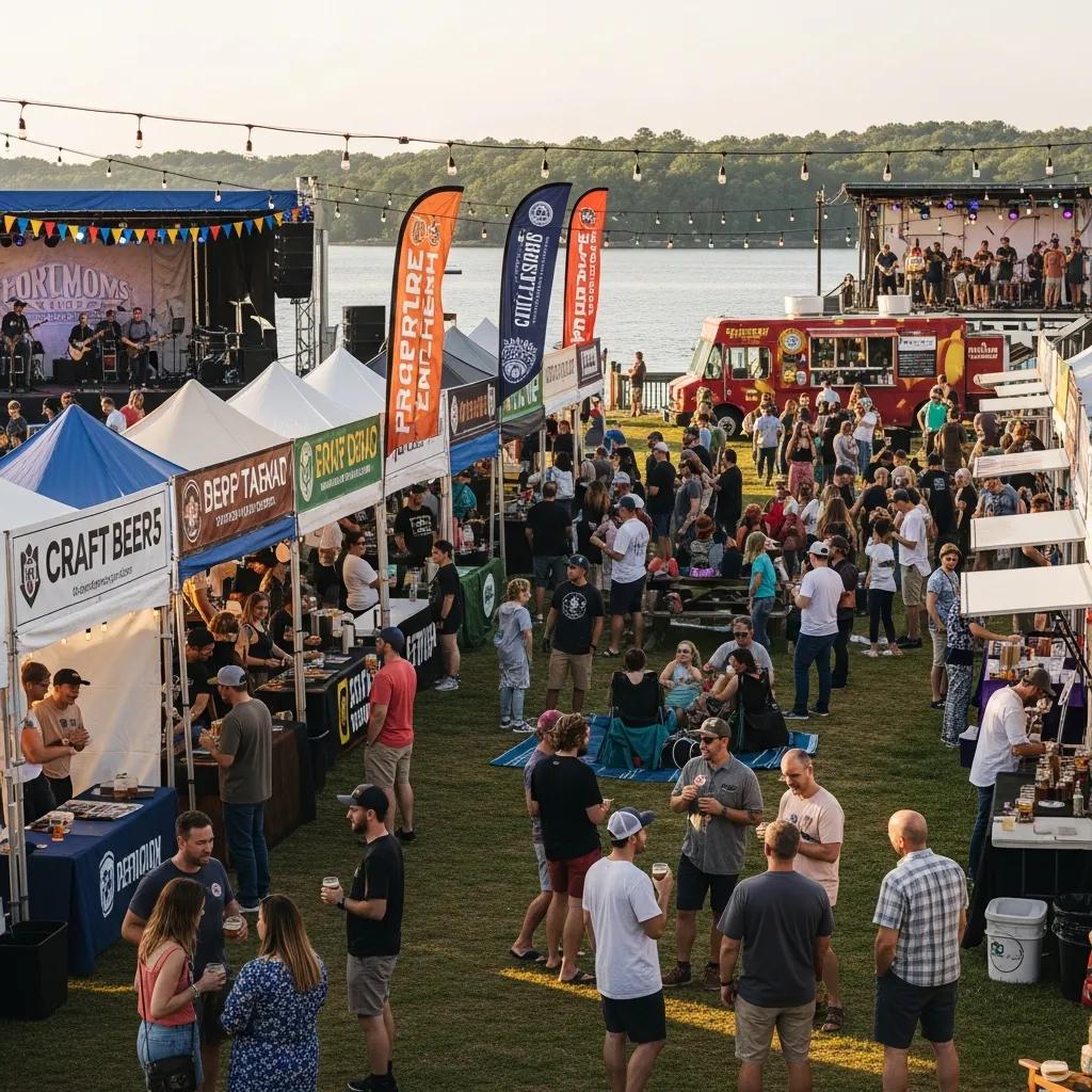 Crowd enjoying a craft beer festival at Lake Lanier with brewery booths and live music